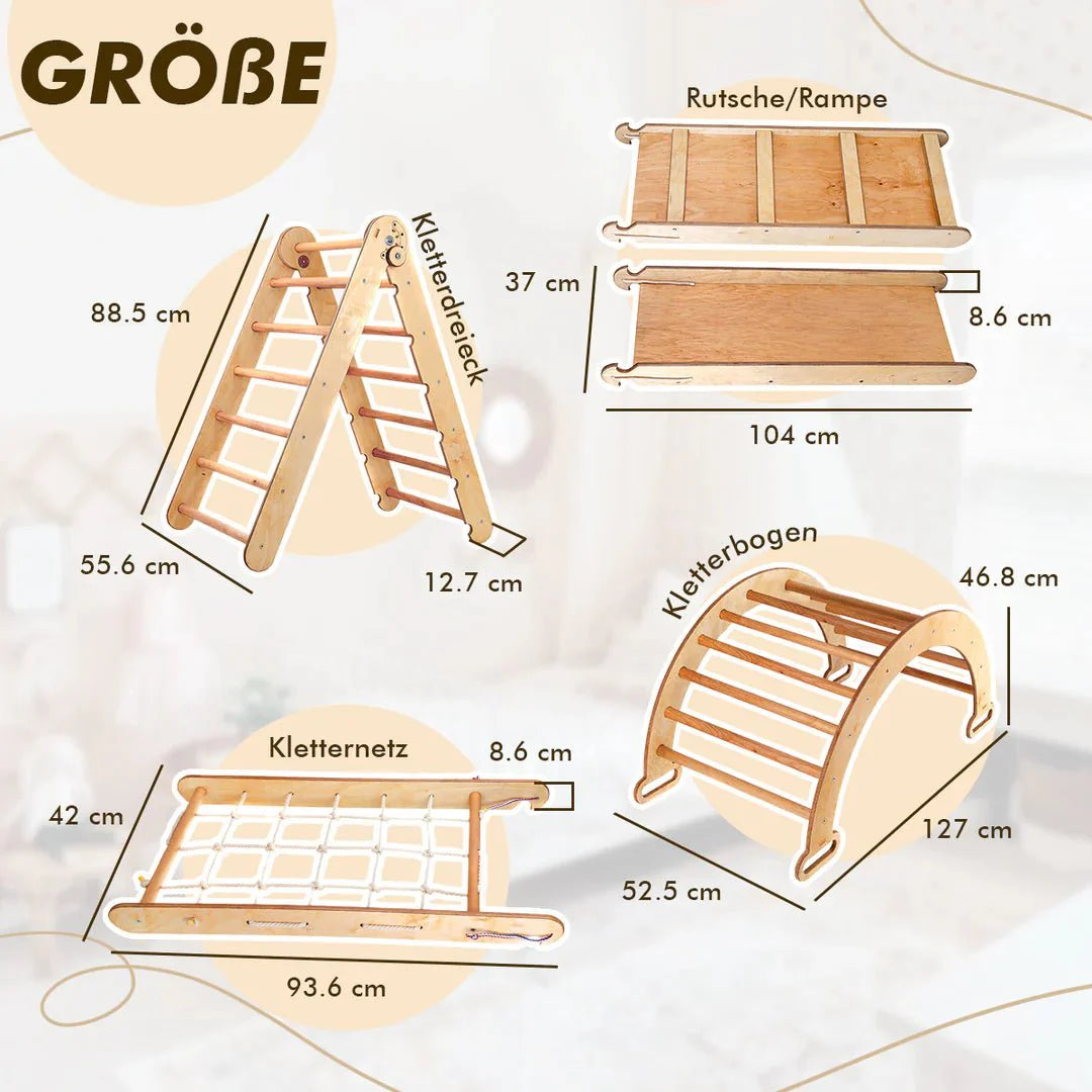 7in1 Montessori Klettergerüst Set: Kletterdreieck, Kletterbogen mit Kissen, Rutsche, Kletternetz, Maltafel und Kinderstuhl, für Kinder 1-7 Jahre – Beige-1