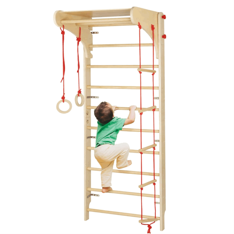 Set spalier gimnastica cu Bara/Inele/Scara de catarat, Reglabil, din lemn/placaj pentru copii +3 ani