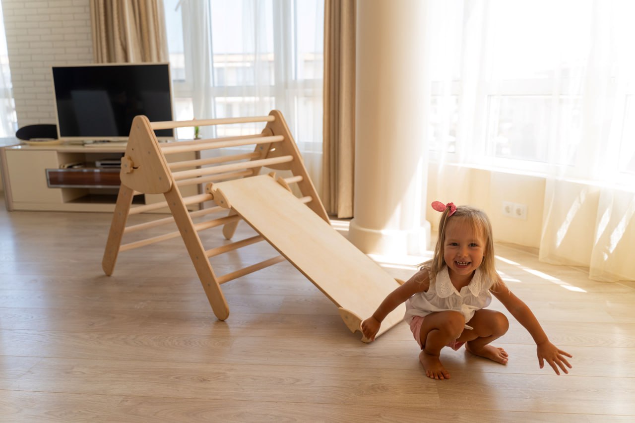 Set de catarare mare 2in1, Triunghi Pikler cu Rampa si Arc Escaladare, pentru copii, 2-7 ani, lemn
