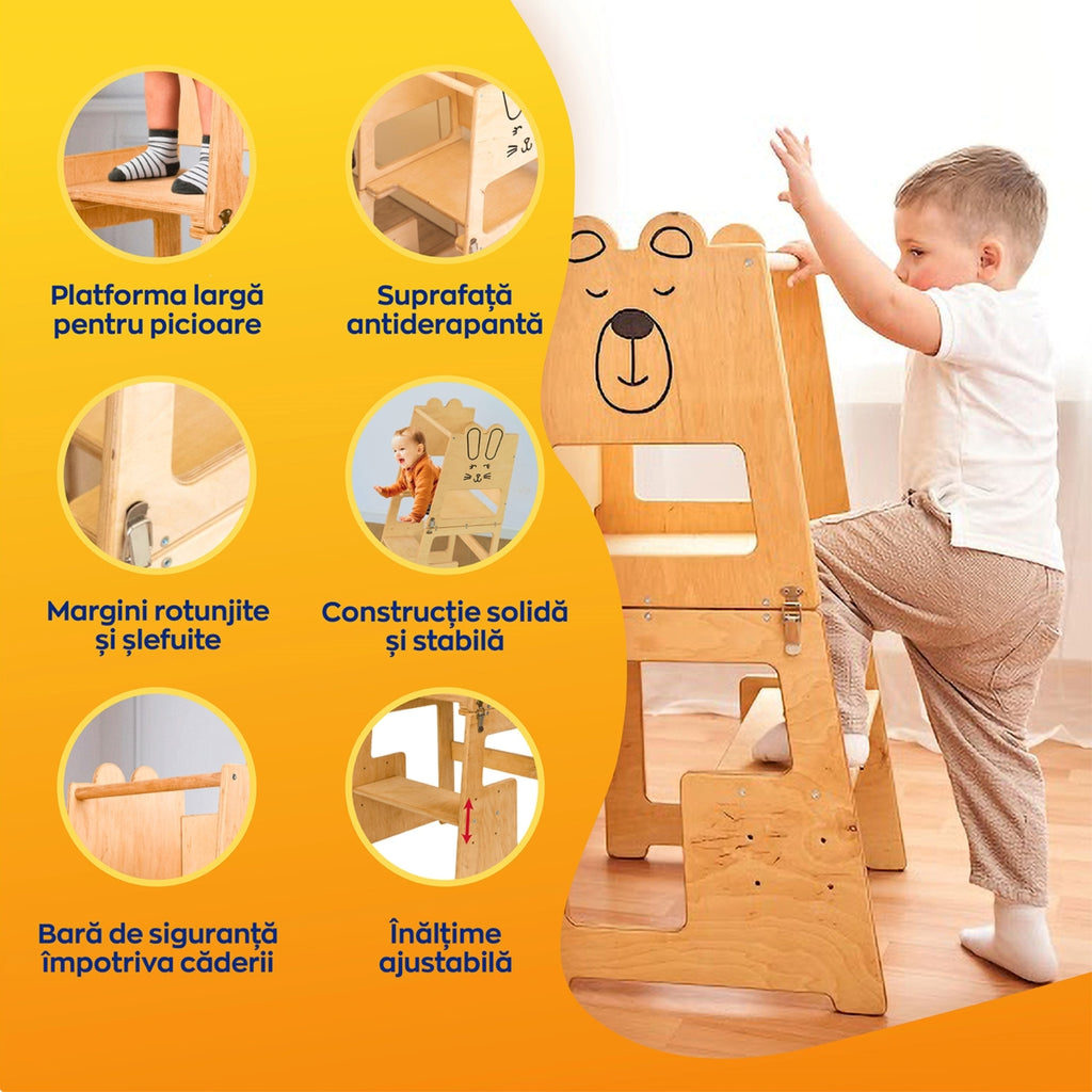Turn de invatare, Bear, tip Montessori, cu tabla de scris, pentru copii +12 luni, placaj/lemn natural