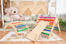 Set de joaca mic 3in1 Pikler/Montessori, triunghi de escaladare cu tobogan si arc de catarare, multicolor