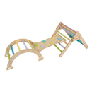Set de joaca mic 3in1 Pikler/Montessori, triunghi de escaladare cu tobogan si arc de catarare, pastel