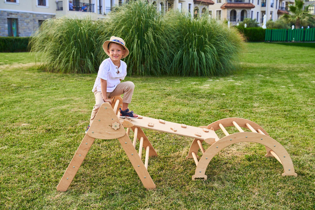 Set de catarare mare 3in1, tip Pikler/Montessori, pentru copii, din lemn/placaj de mesteacan