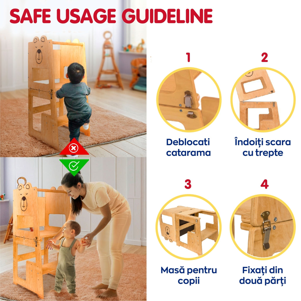 Turn de invatare, Bear, tip Montessori, cu tabla de scris, pentru copii +12 luni, placaj/lemn natural