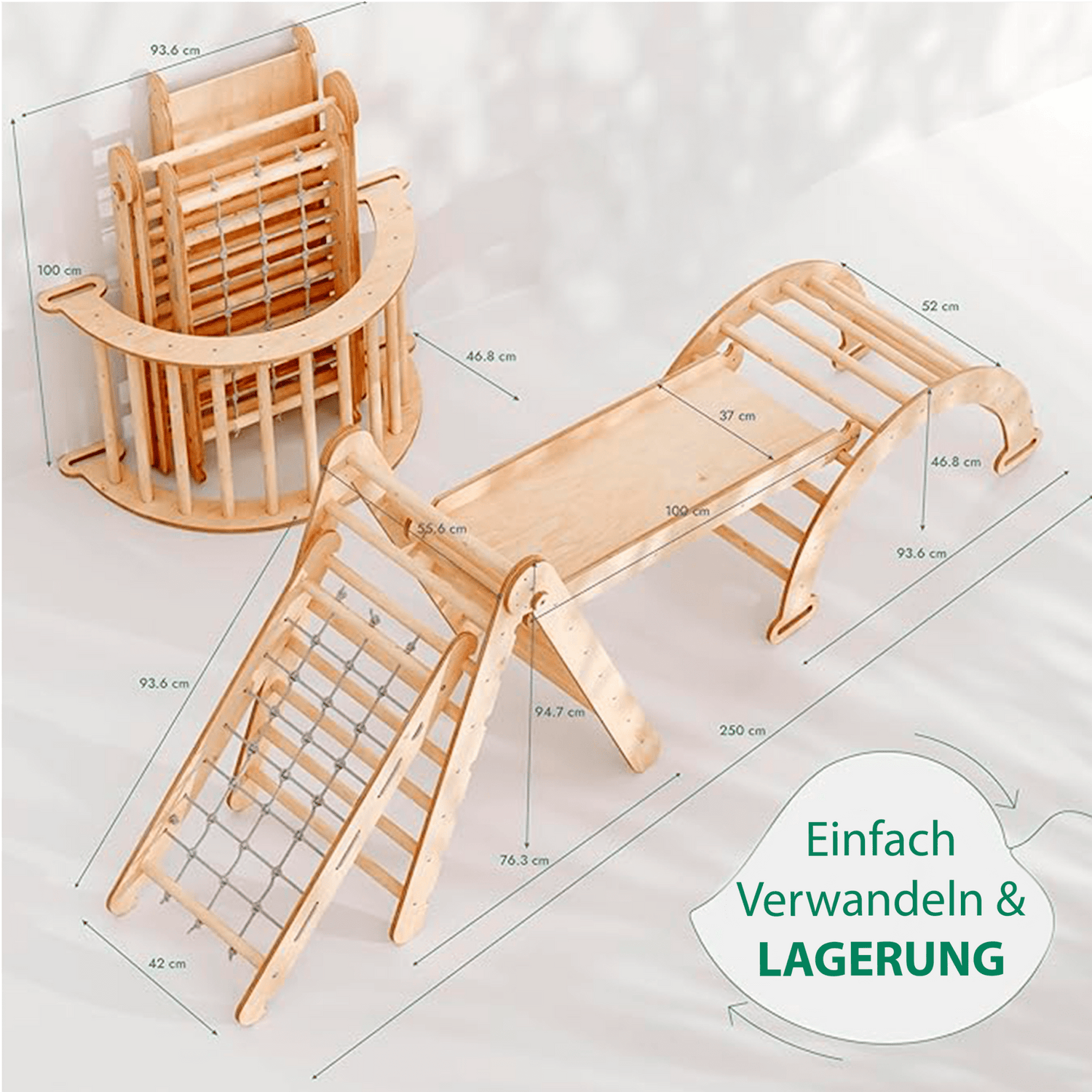 4in1 Montessori Klettergerüst Set: Kletterdreieck mit Rutsche, Kletterbogen, Kletternetz, für Kinder 1-7 Jahre – Beige-1