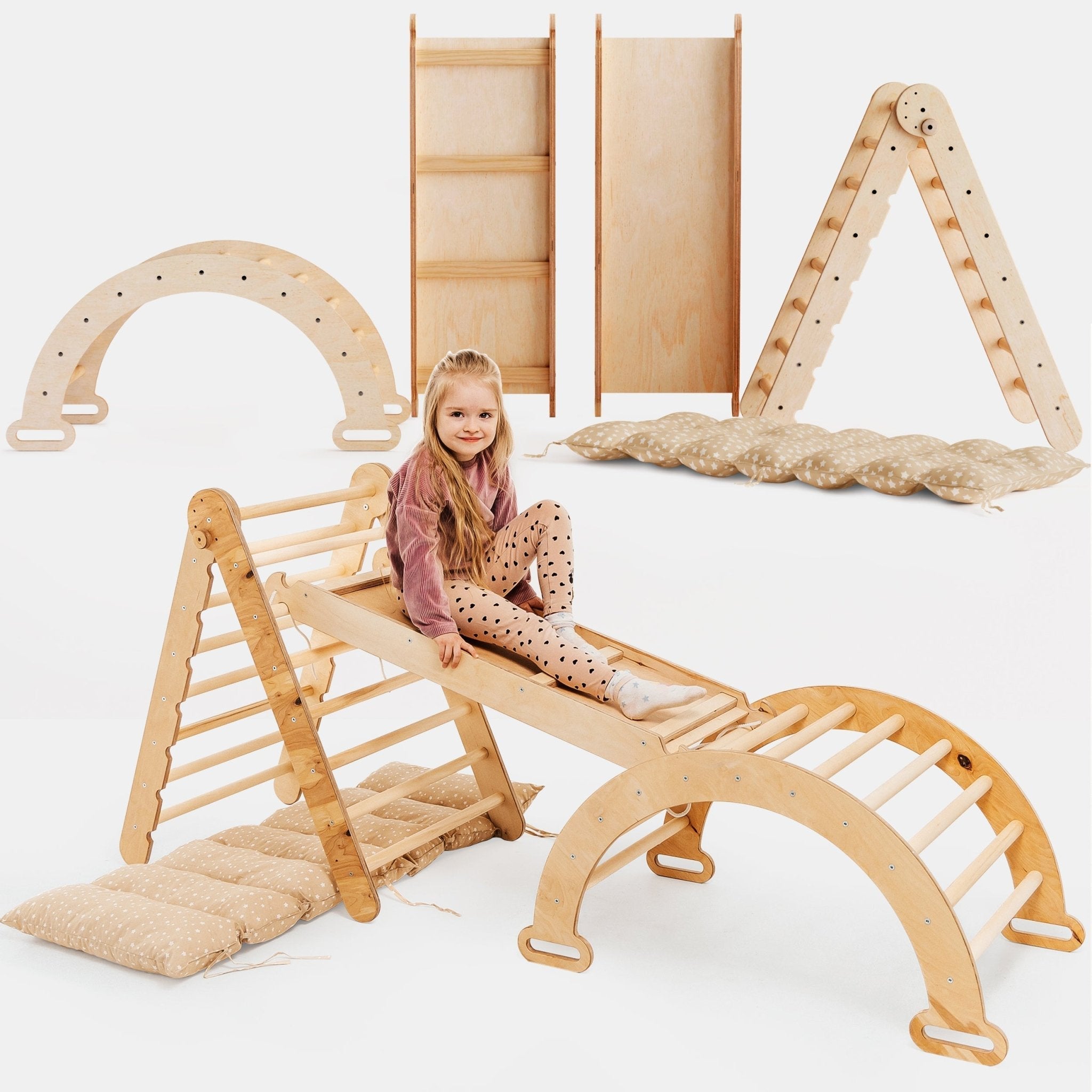 4in1 Montessori Klettergerüst Set: Kletterdreieck mit Rutsche, Kletterbogen mit Kissen, für Kinder 1-7 Jahre – Beige-0