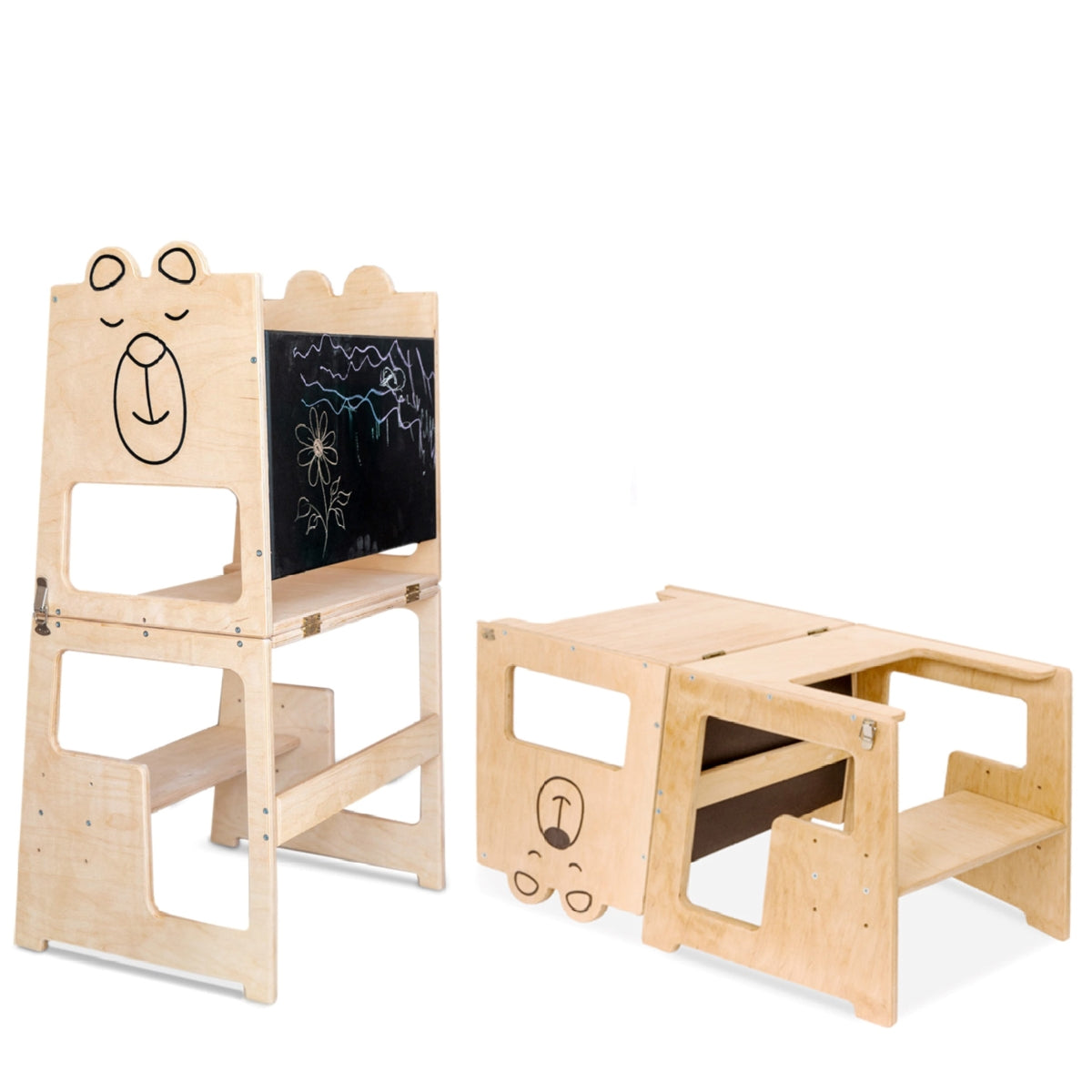 Turn de invatare, Bear, tip Montessori, cu tabla de scris, pentru copii +12 luni, placaj/lemn natural
