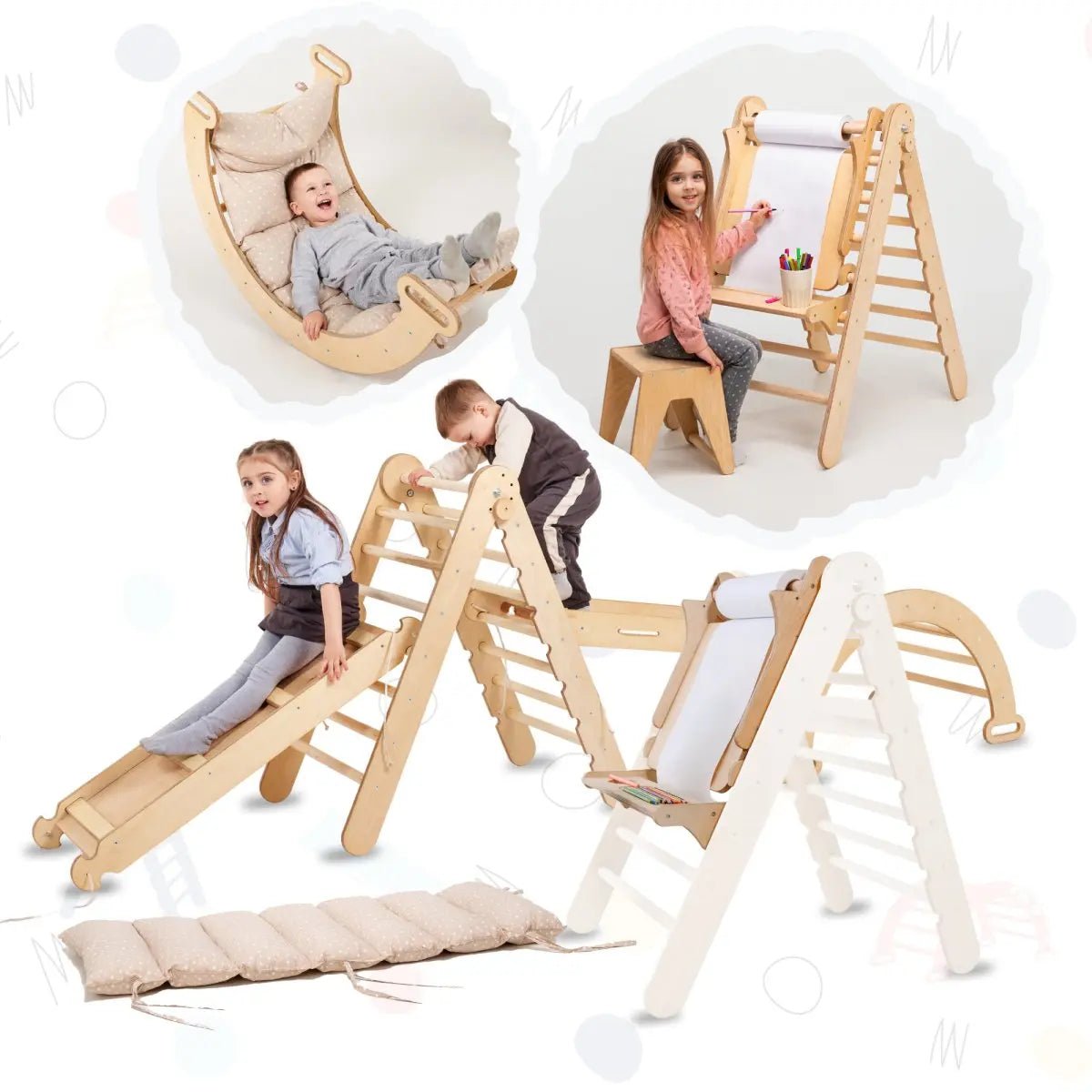 7in1 Montessori Klettergerüst Set: Kletterdreieck, Kletterbogen mit Kissen, Rutsche, Kletternetz, Maltafel und Kinderstuhl, für Kinder 1-7 Jahre – Beige-0