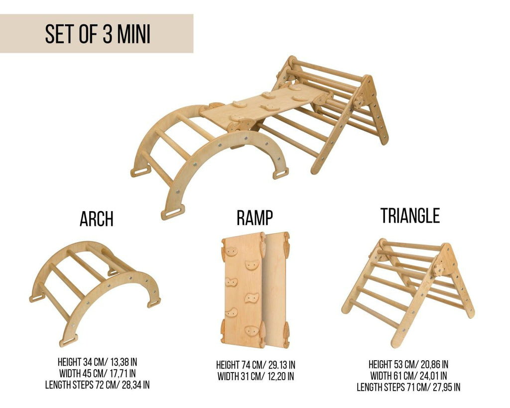 Set de joaca mic 3in1 Pikler/Montessori, triunghi de escaladare cu tobogan si arc de catarare