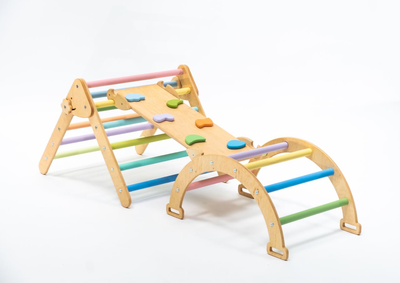 Set de joaca mic 3in1 Pikler/Montessori, triunghi de escaladare cu tobogan si arc de catarare, pastel