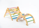 Set de joaca mic 3in1 Pikler/Montessori, triunghi de escaladare cu tobogan si arc de catarare, pastel