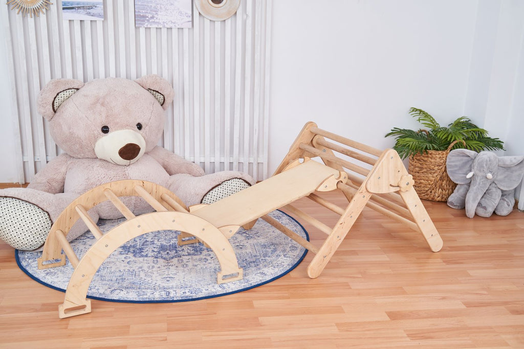 Set de joaca mic 3in1 Pikler/Montessori, triunghi de escaladare cu tobogan si arc de catarare