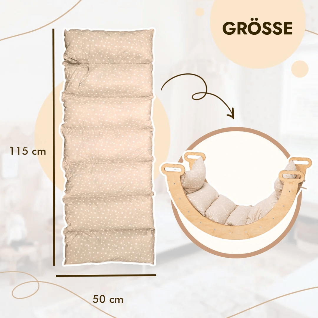 7in1 Montessori Klettergerüst Set: Kletterdreieck, Kletterbogen mit Kissen, Rutsche, Kletternetz, Maltafel und Kinderstuhl, für Kinder 1-7 Jahre – Beige-2