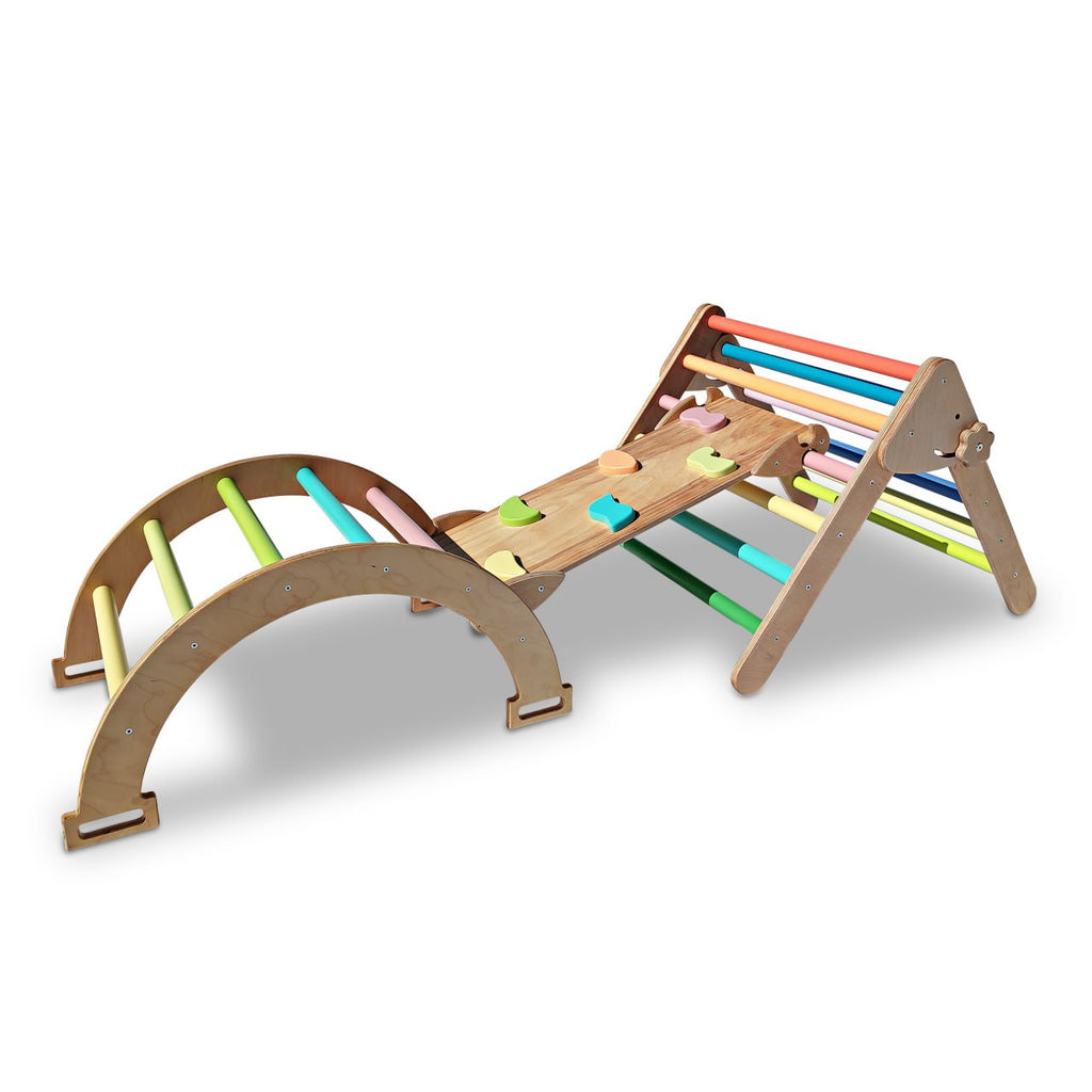 Set de joaca mic 3in1 Pikler/Montessori, triunghi de escaladare cu tobogan si arc de catarare, pastel