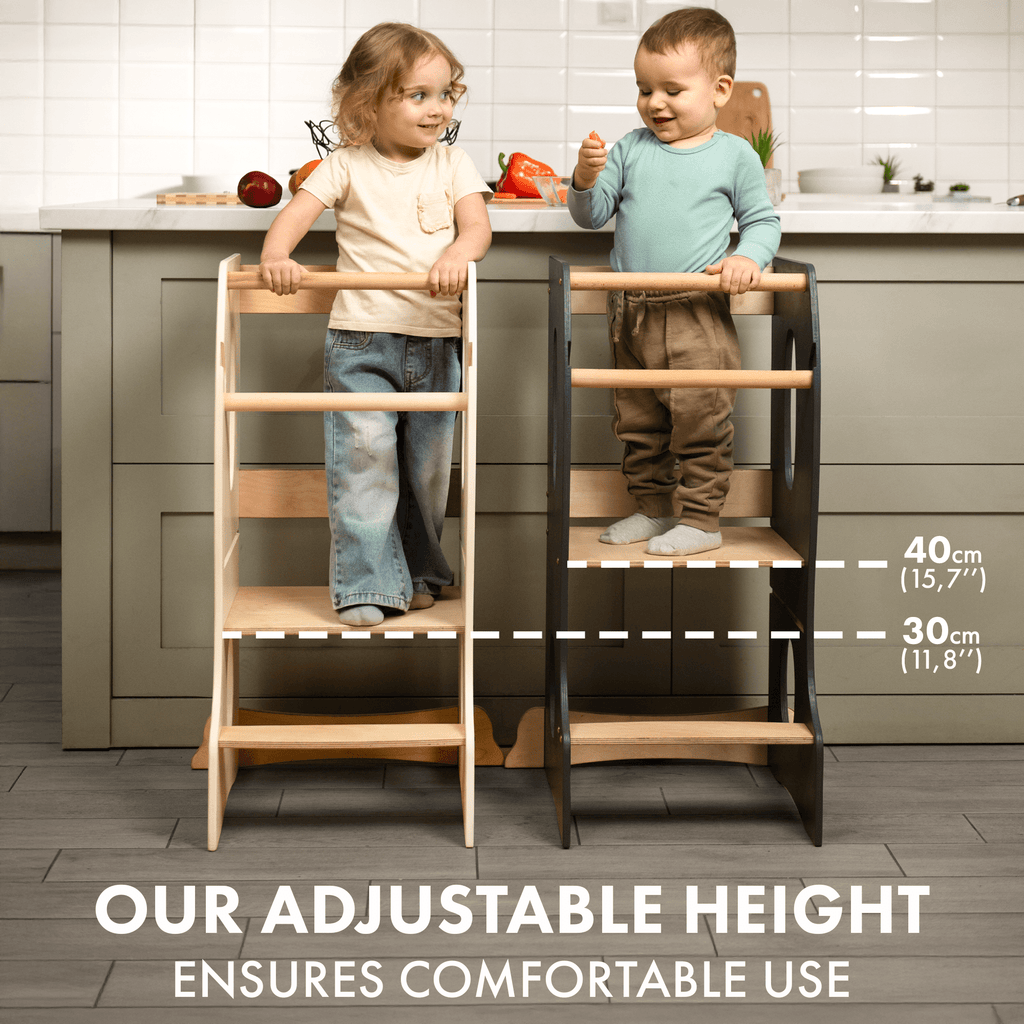 Stabiler Montessori Lernturm: Mitwachsender Kinderstuhl aus Holz – Beige-2