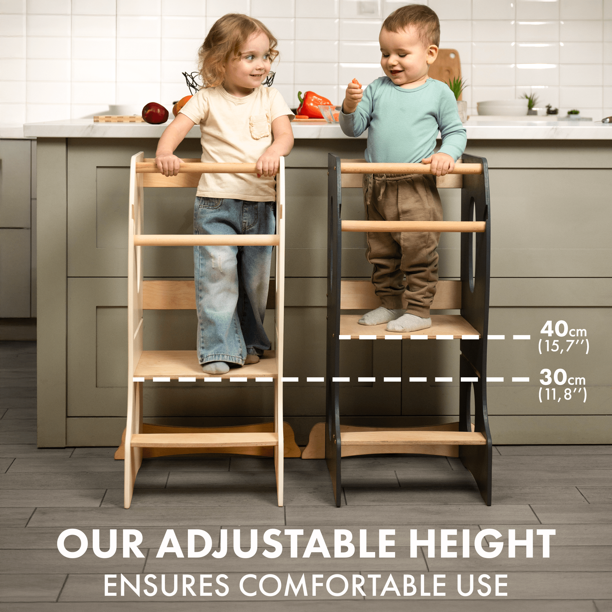 Stabiler Montessori Lernturm: Mitwachsender Kinderstuhl aus Holz – Beige-2