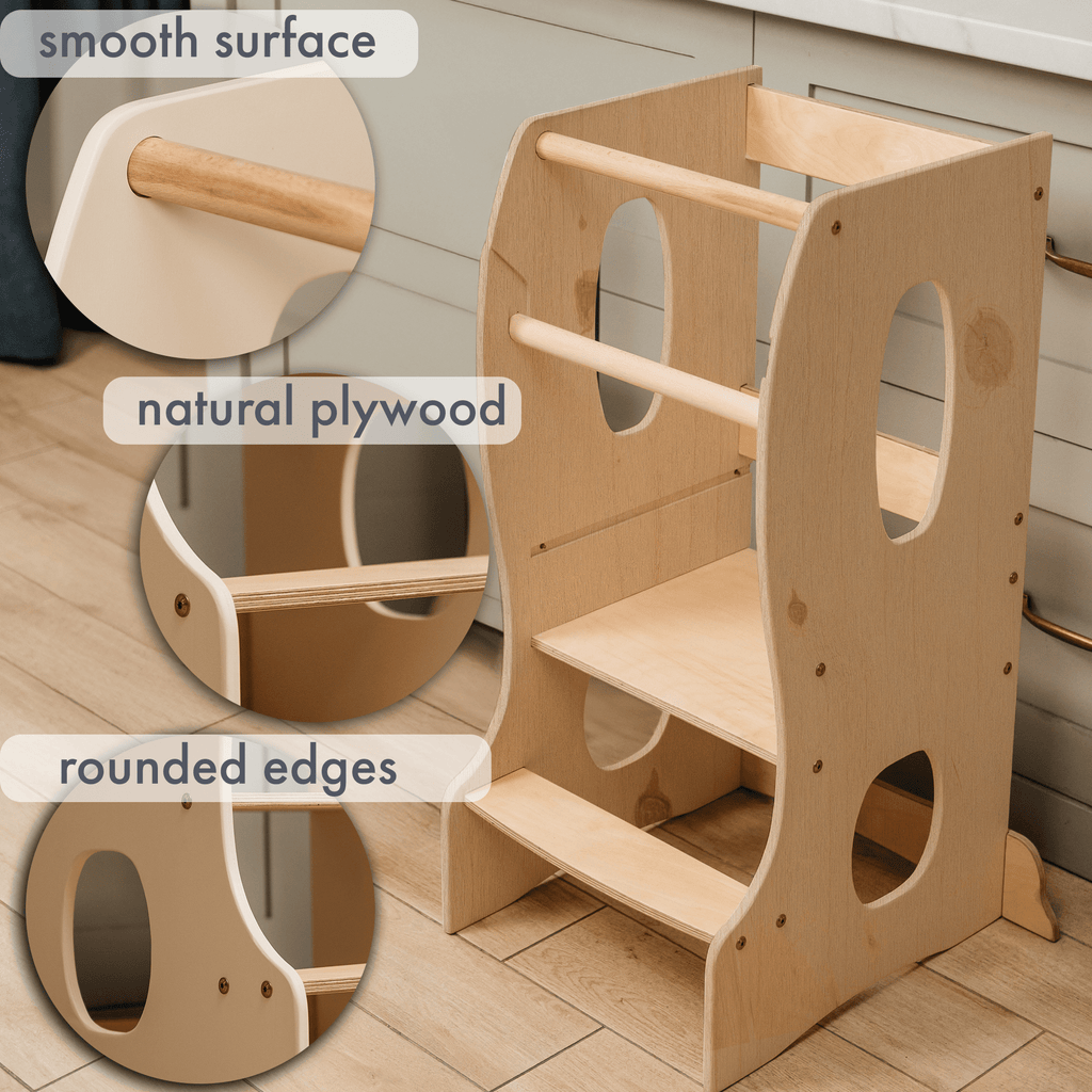 Stabiler Montessori Lernturm: Mitwachsender Kinderstuhl aus Holz – Beige-3