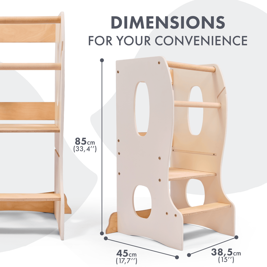 Stabiler Montessori Lernturm: Mitwachsender Kinderstuhl aus Holz – Elfenbein-1
