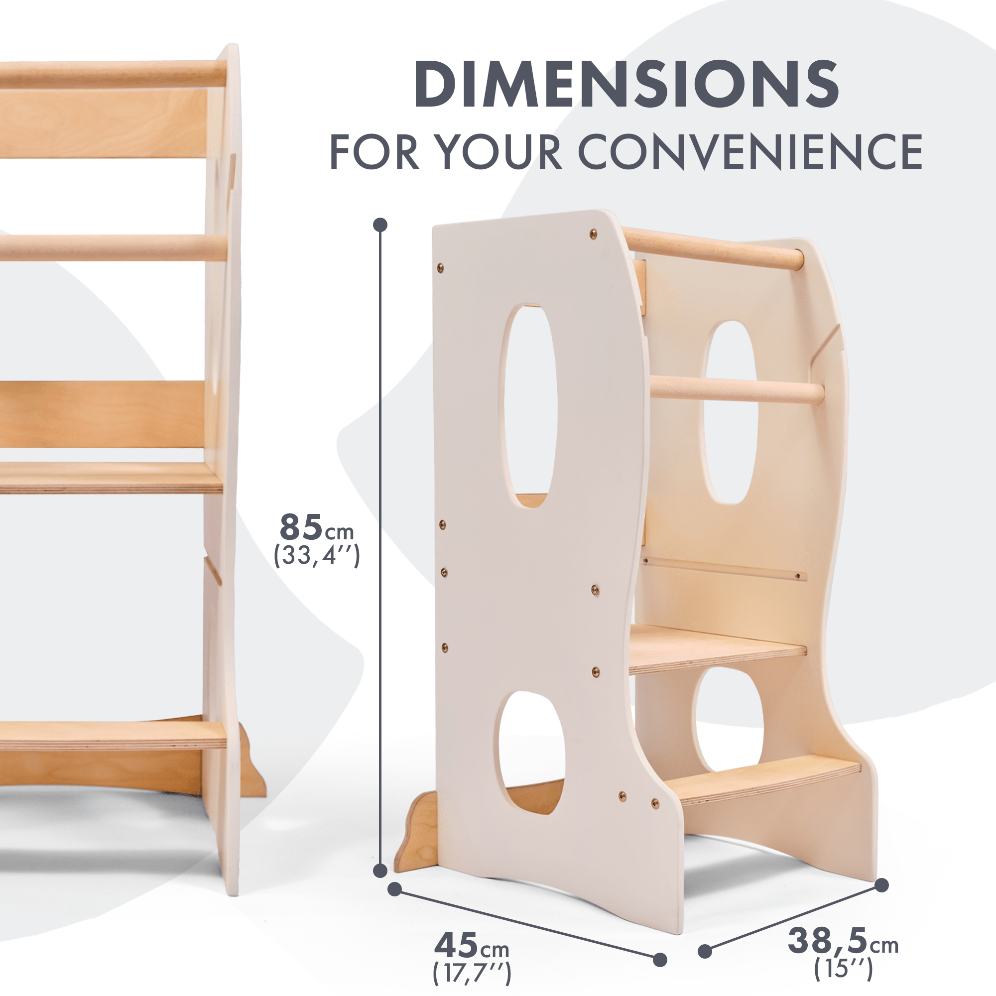 Stabiler Montessori Lernturm: Mitwachsender Kinderstuhl aus Holz – Elfenbein-1