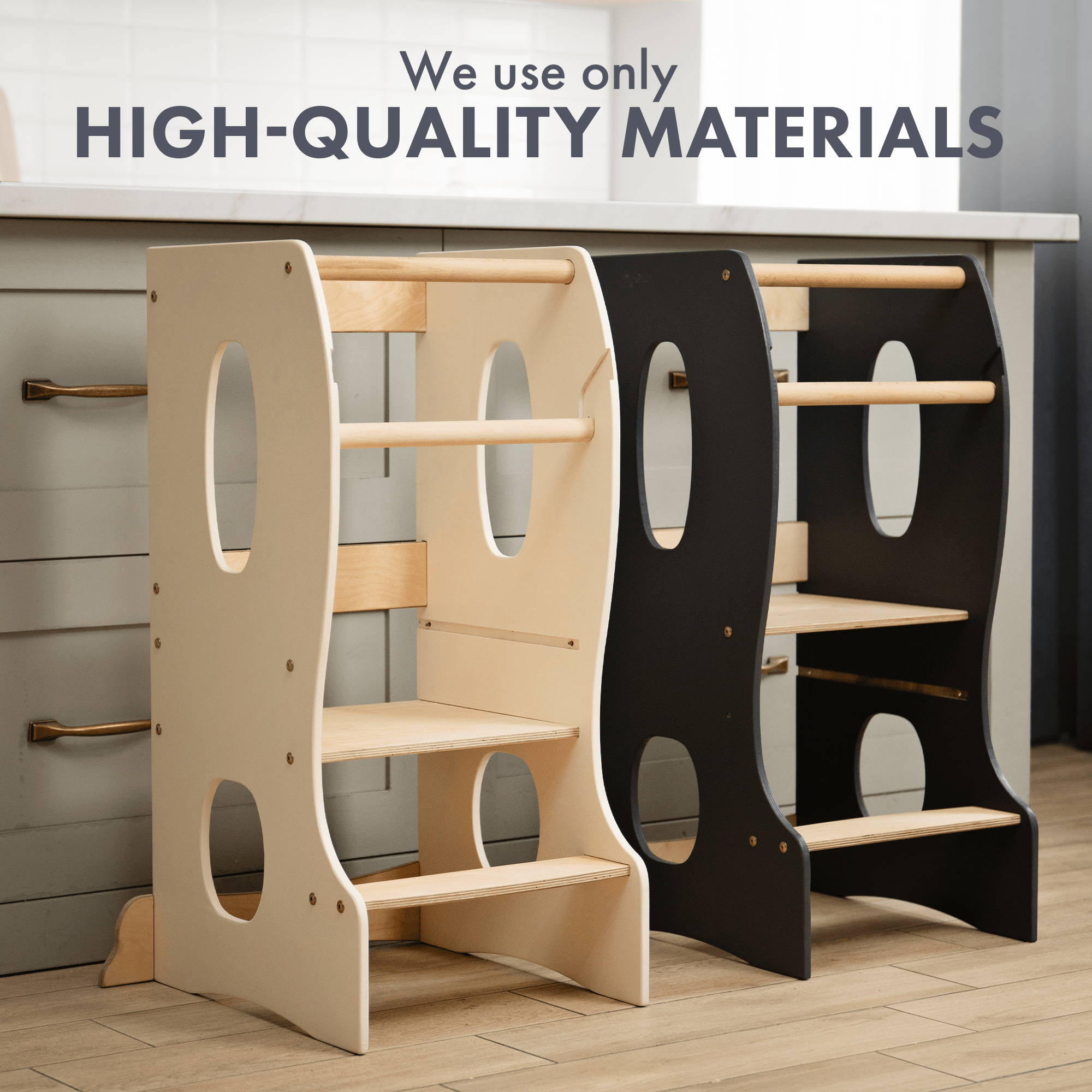 Stabiler Montessori Lernturm: Mitwachsender Kinderstuhl aus Holz – Grau-4