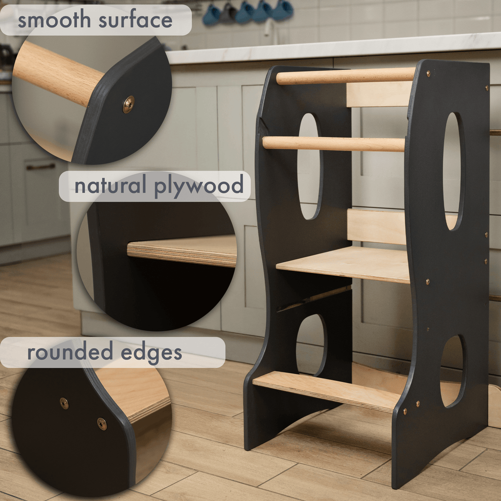 Stabiler Montessori Lernturm: Mitwachsender Kinderstuhl aus Holz – Grau-2