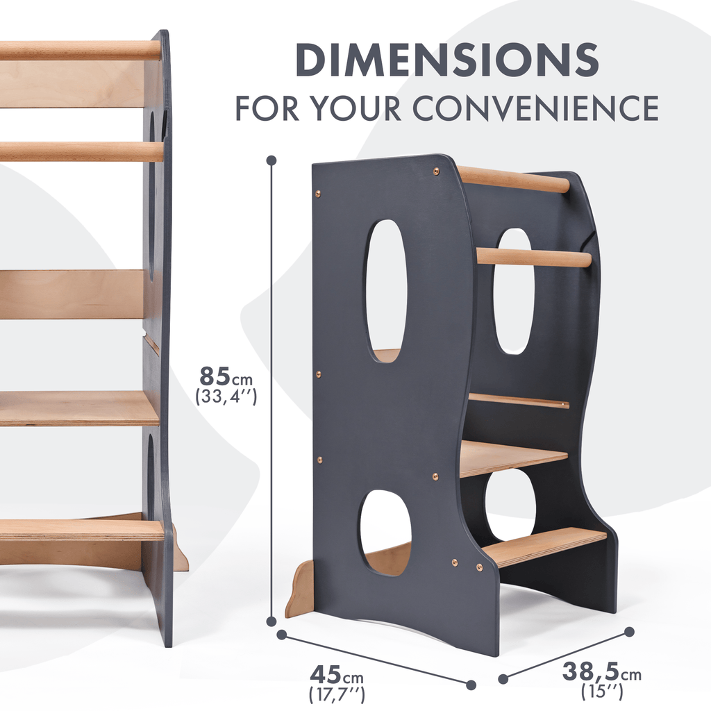 Stabiler Montessori Lernturm: Mitwachsender Kinderstuhl aus Holz – Grau-1